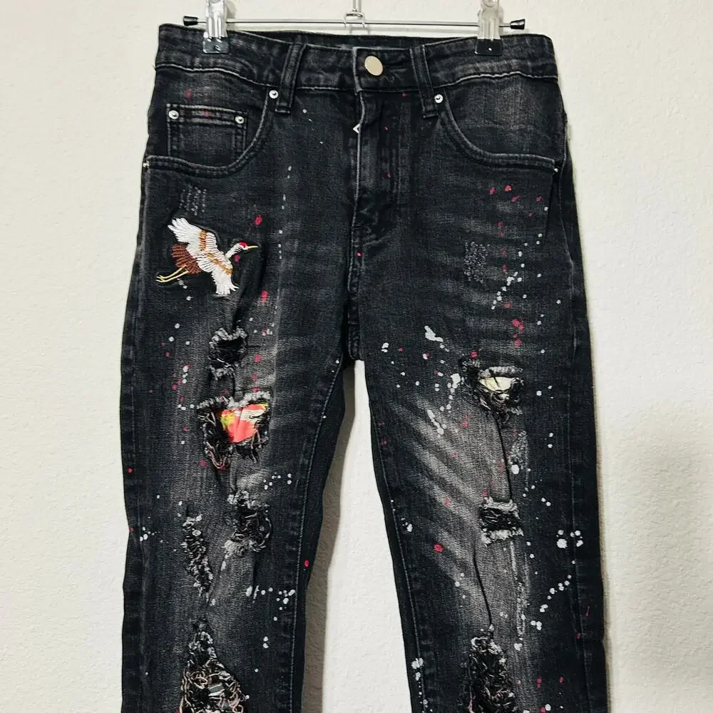 AMIRI Skinny-Fit Appliquéd Paint-Splatter Distressed Stretch-Denim Jean Black 28
